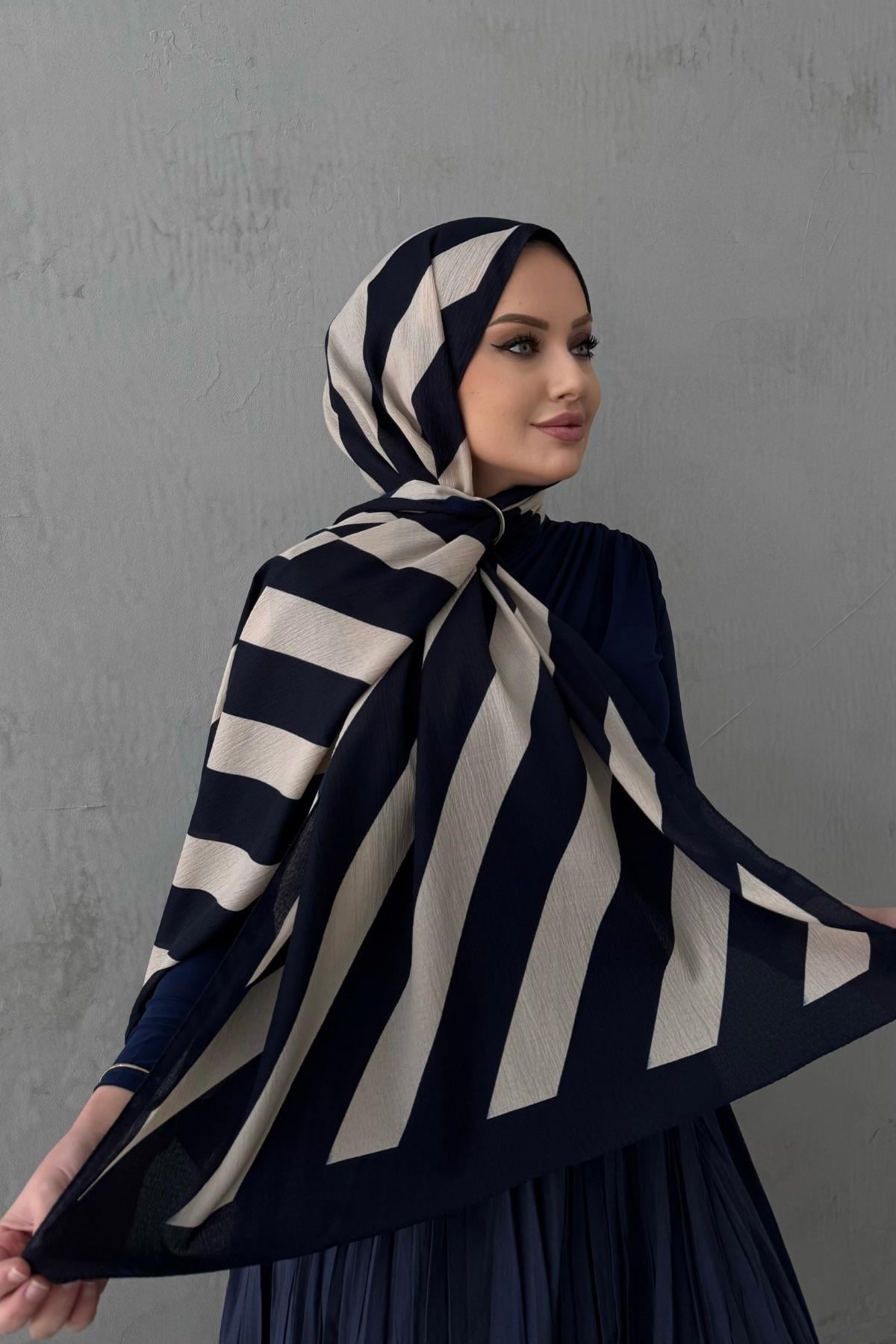 Çizgi Desen Cotton Şal Lacivert