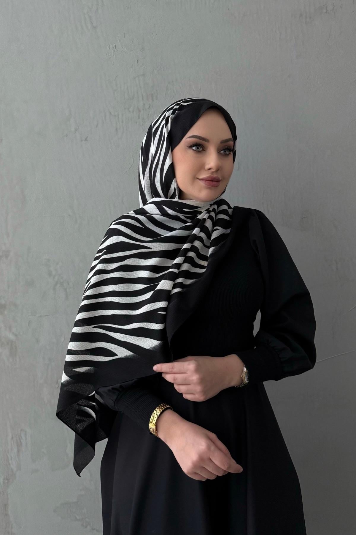 Çizgi Desen Cotton Şal Siyah Beyaz