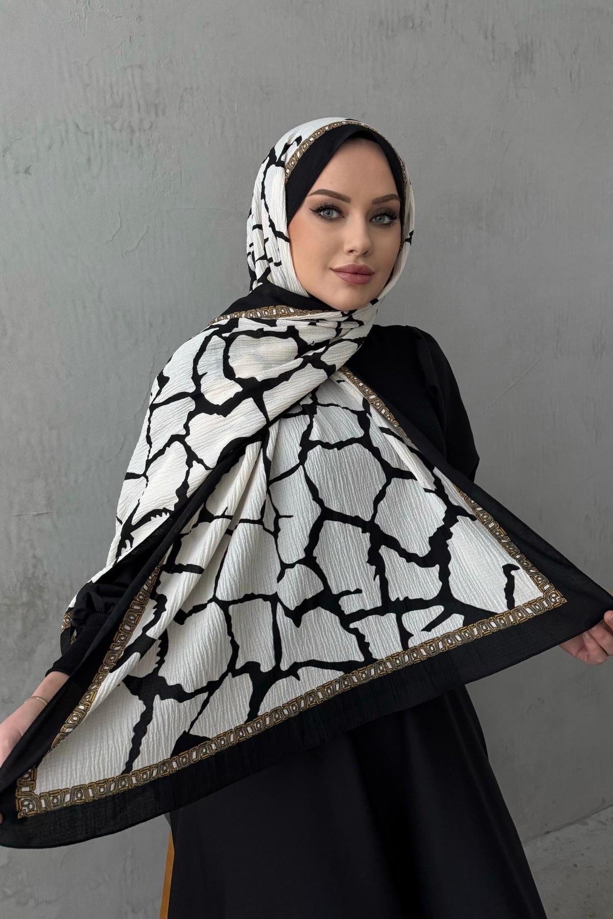 Ekru Taş Desen Cotton Şal