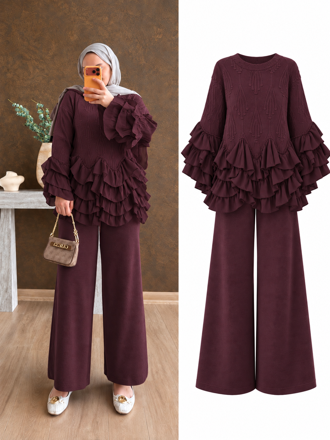 Fırfırlı Triko Takım Bordo