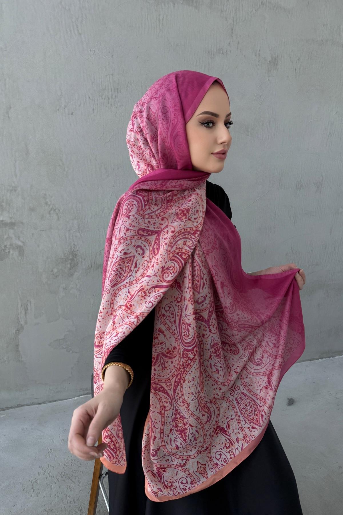 Fuşya Hare Bohem Modal İpek Şal