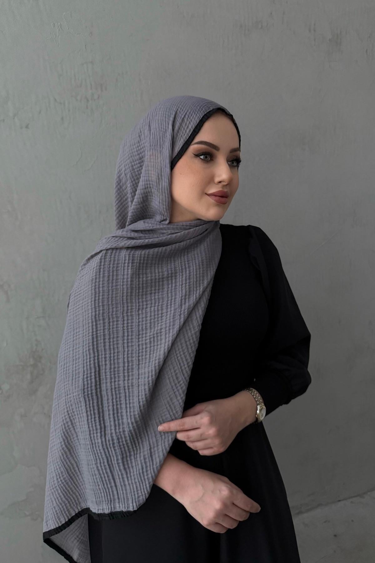Gri Müslin Biyeli Şal 