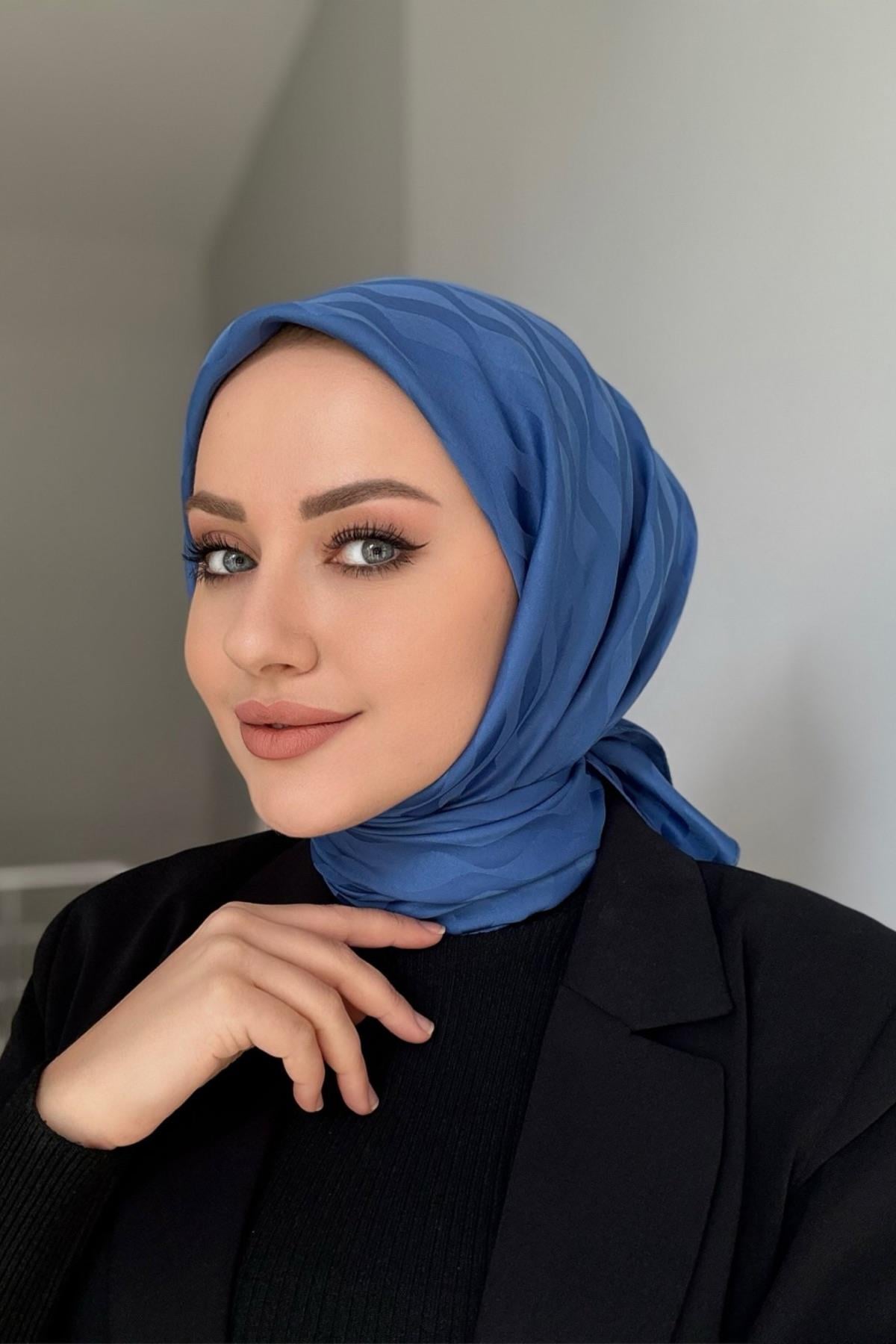 İndigo Desenli İpeksi Jakar Eşarp 