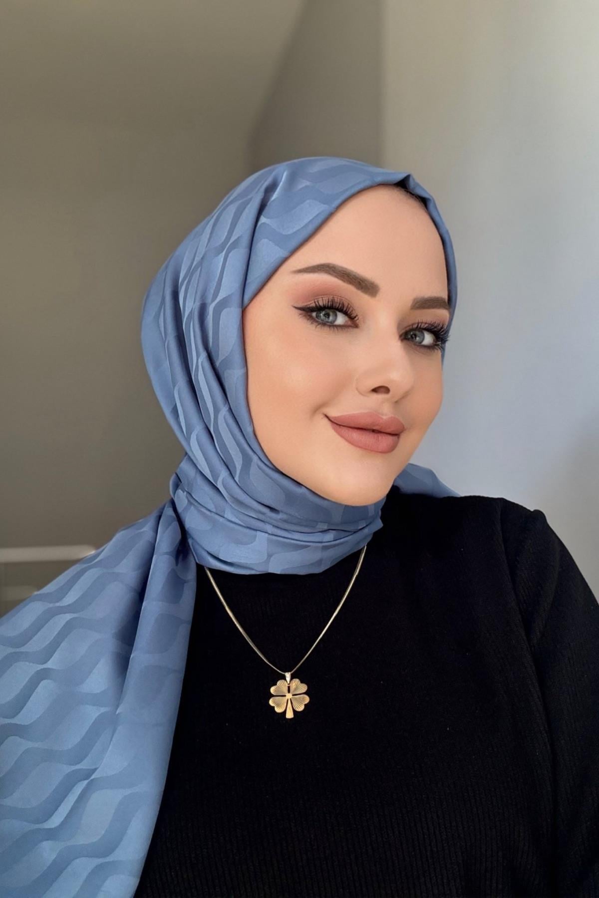 İndigo Desenli İpeksi Jakar Şal 