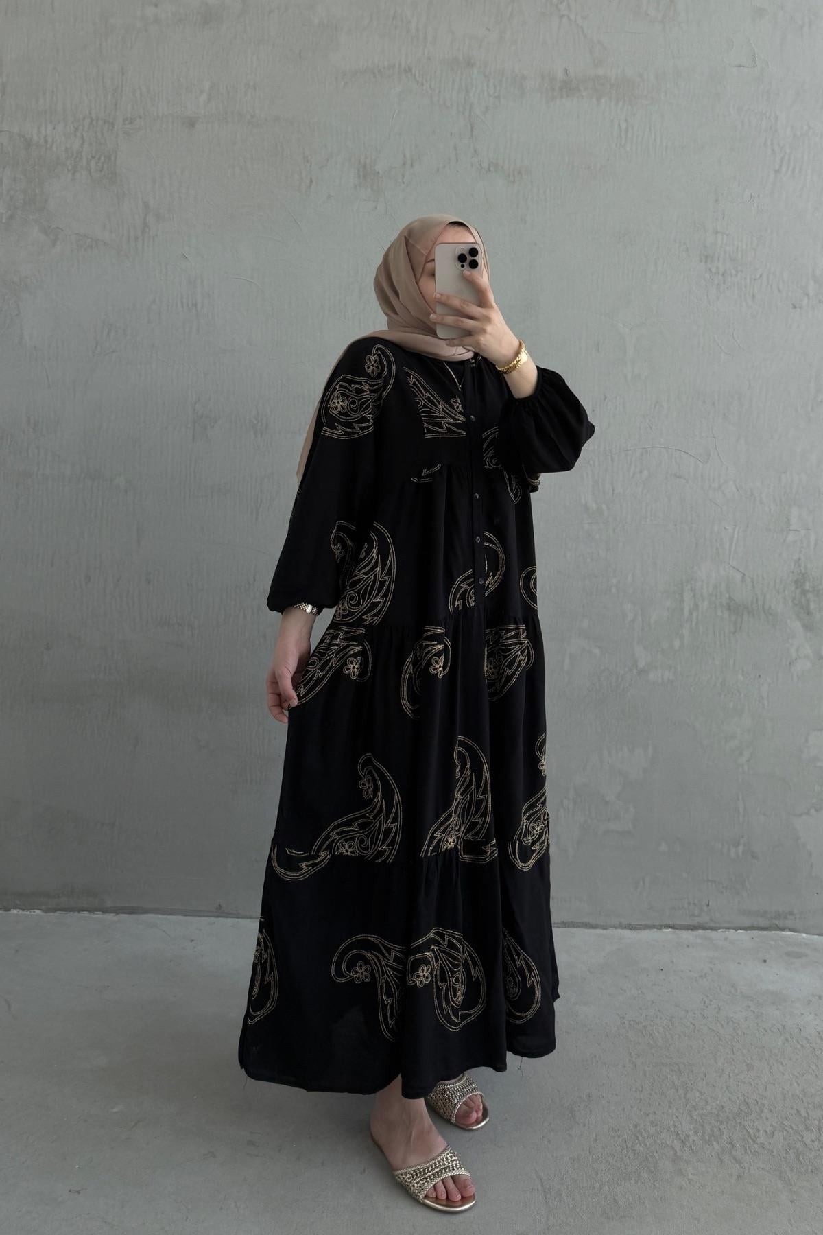 Işıltı Nakışlı Premium Keten Elbise