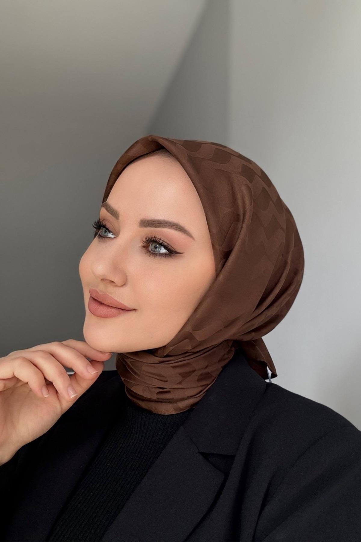 Kahverengi Desenli İpeksi Jakar Eşarp 