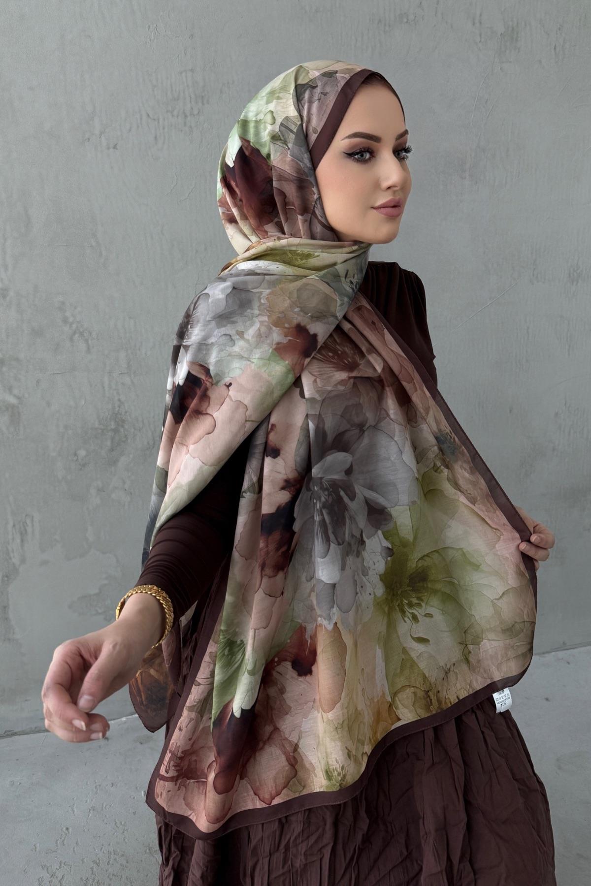 Kahverengi Nilüfer Bohem Modal İpek Şal