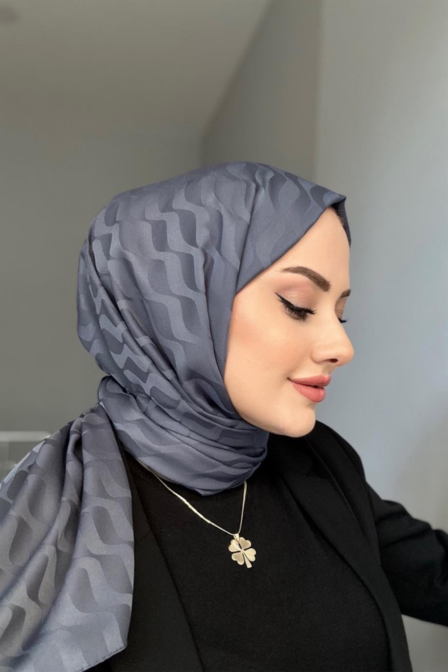 Koyu Gri Desenli İpeksi Jakar Şal 