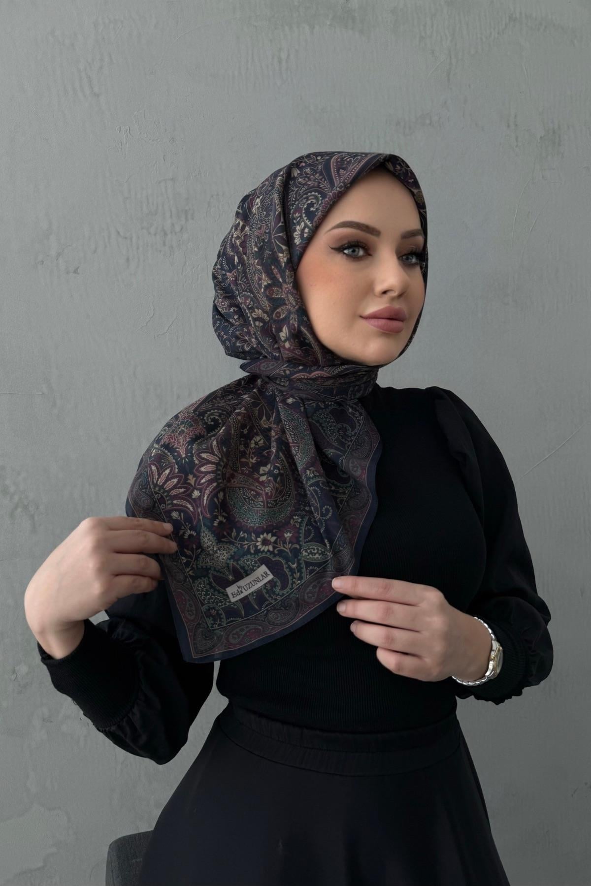 Koyu Lacivert Simra Bohem Modal İpek Eşarp 