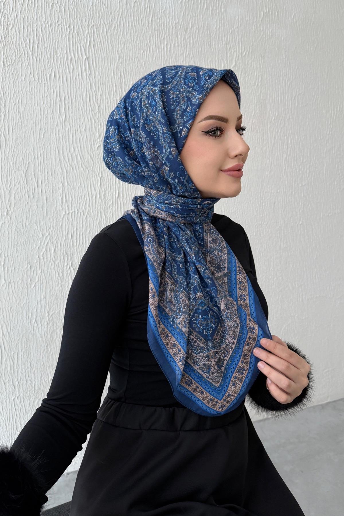 Lacivert Bohem Modal İpek Eşarp
