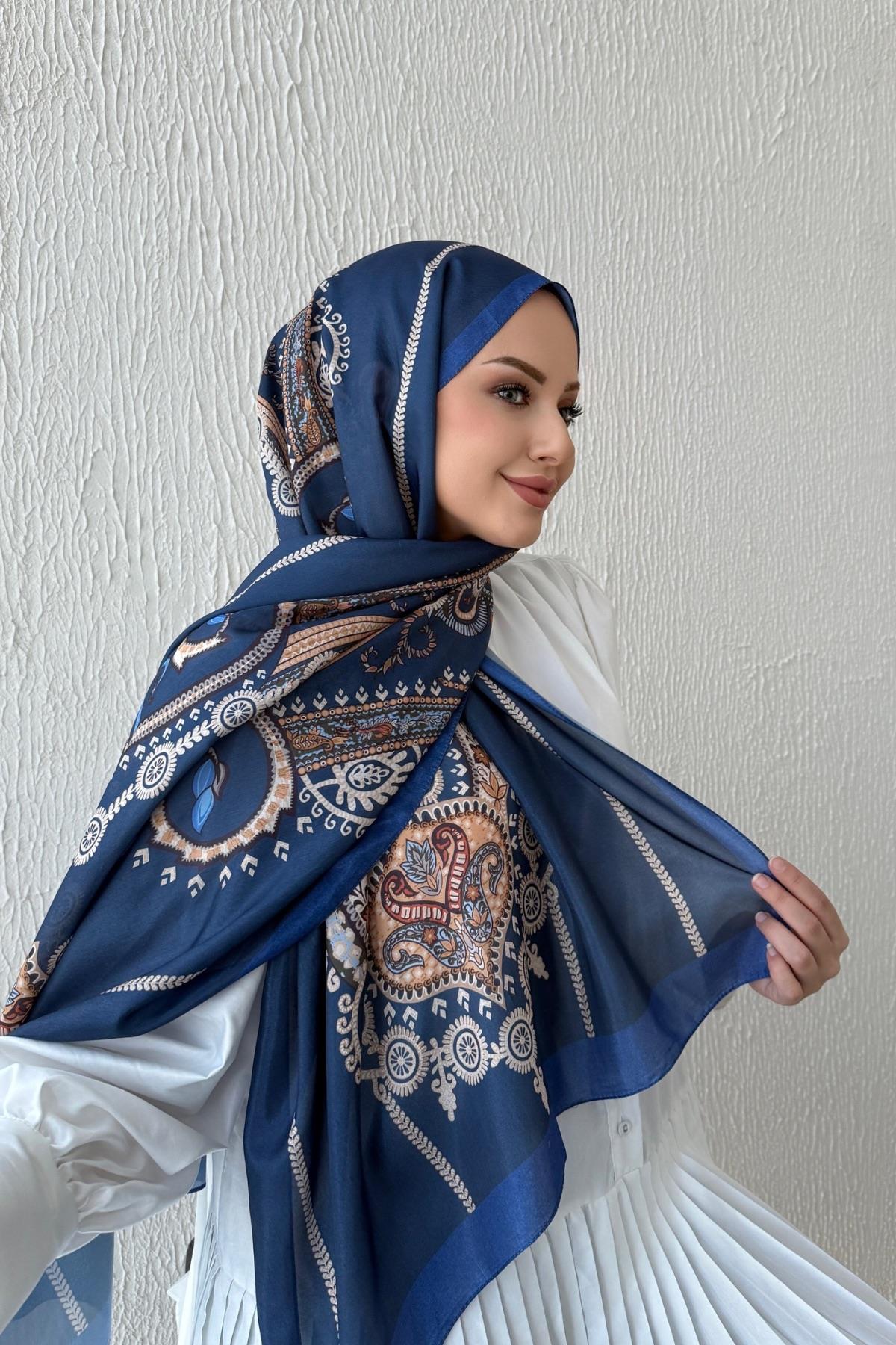 Lacivert Etro Etnik Vual İpek Şal 