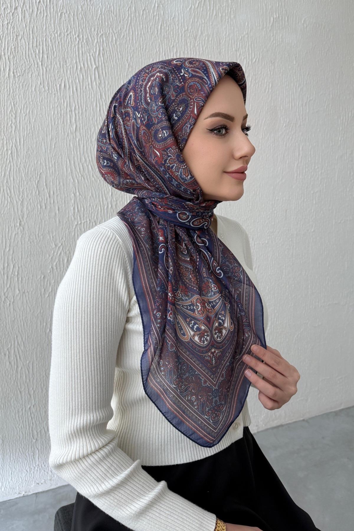 Lacivert Feride Bohem Modal İpek Eşarp
