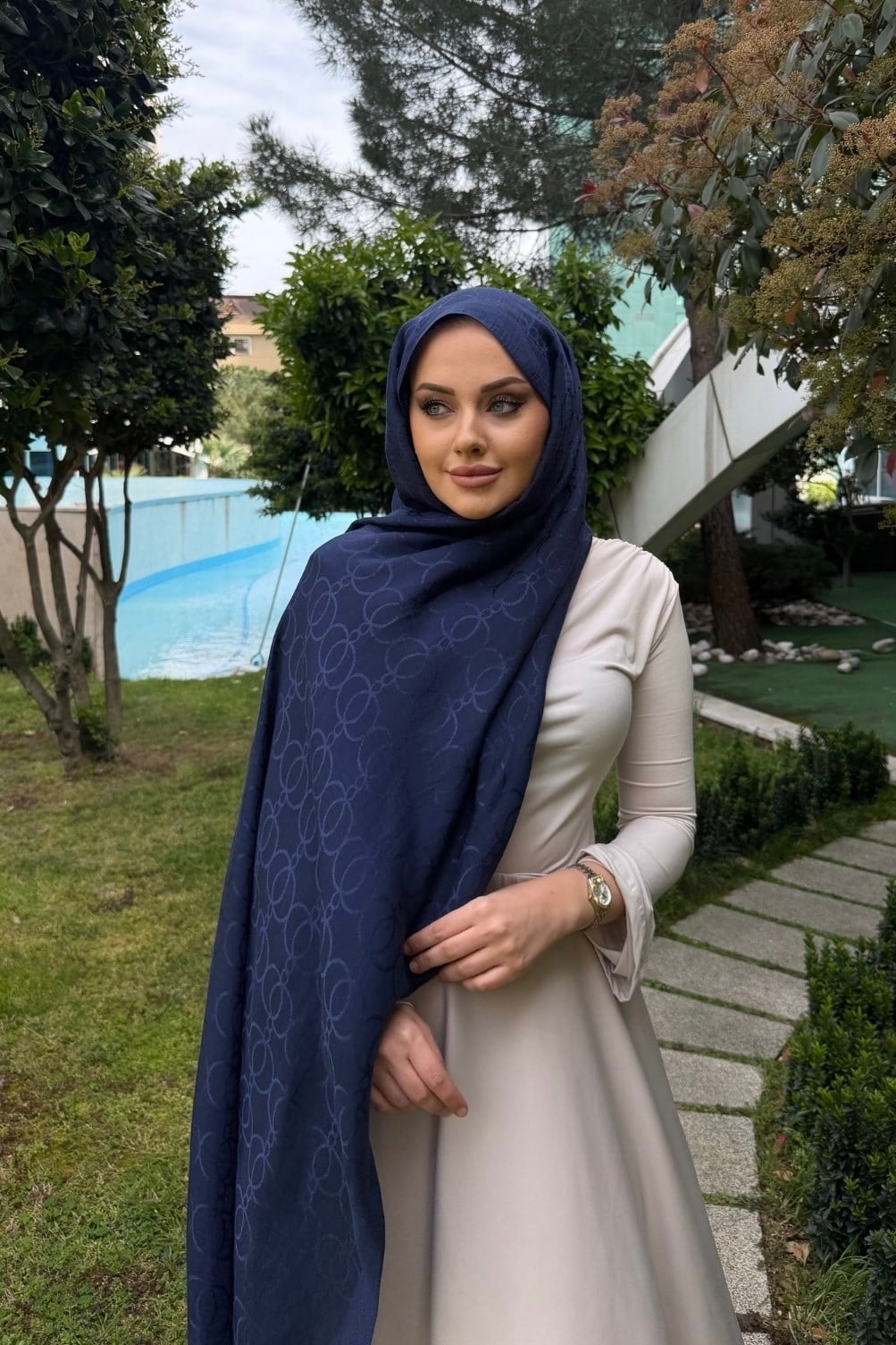 Lacivert Halka Desen Naia Şal 
