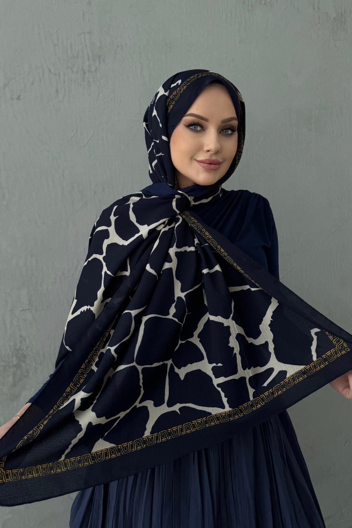 Lacivert Taş Desen Cotton Şal