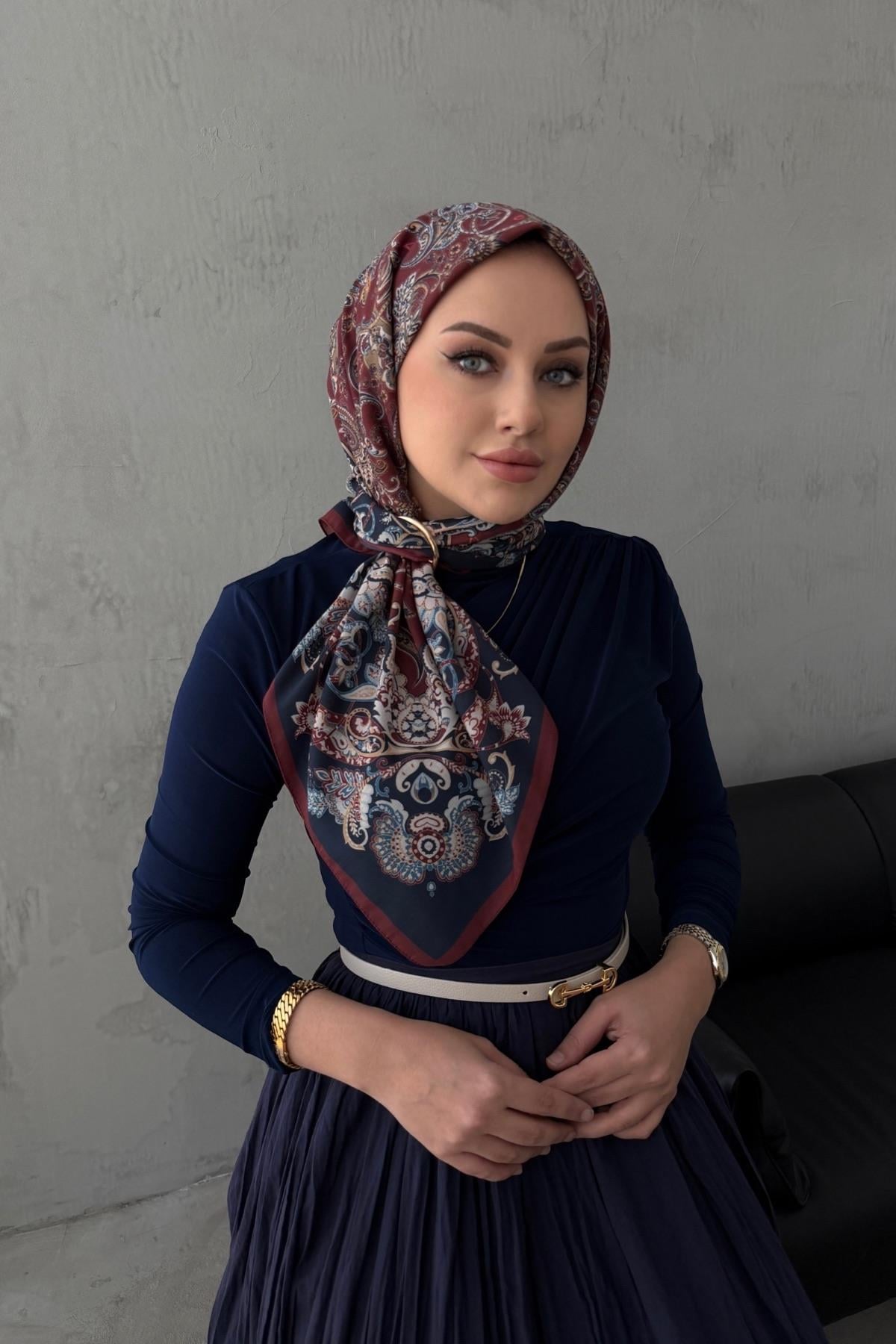 LacivertBordo İnci Bohem Modal İpek Eşarp