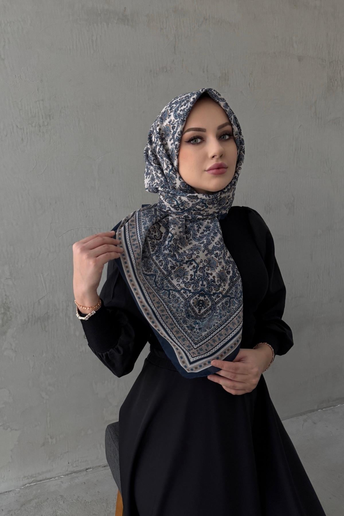 Lacivert&Vizon Mahi Bohem Modal İpek Şaleşarp