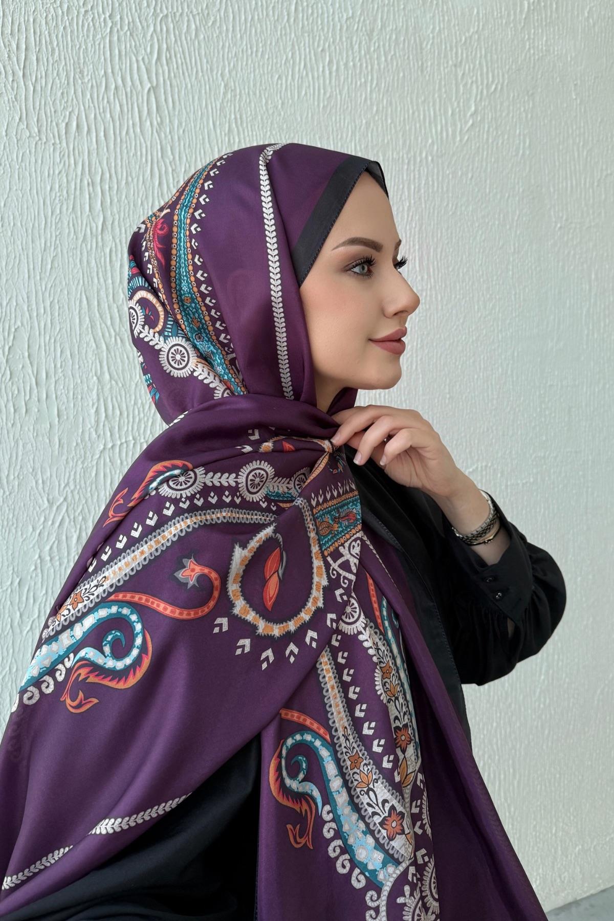 Mor Etro Etnik Vual İpek Şal 