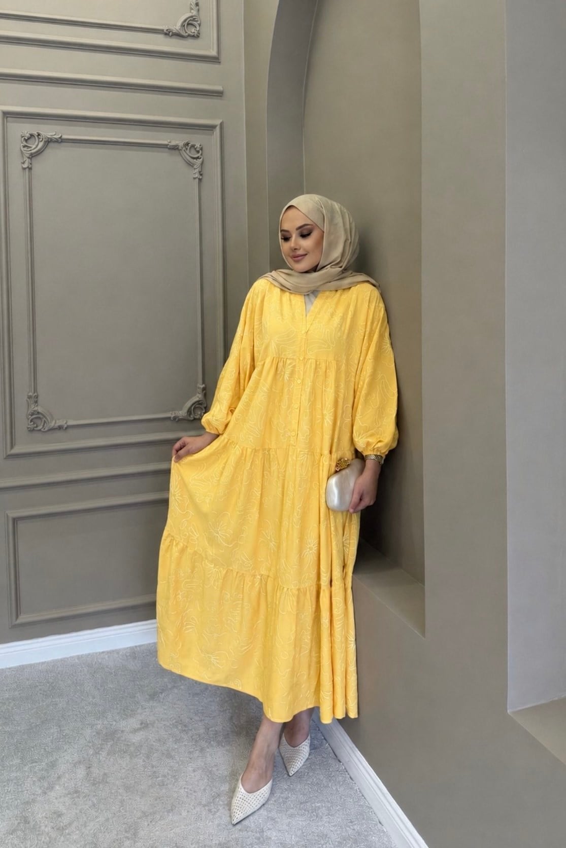 Sarı LaBella Nakışlı Premium Keten Elbise