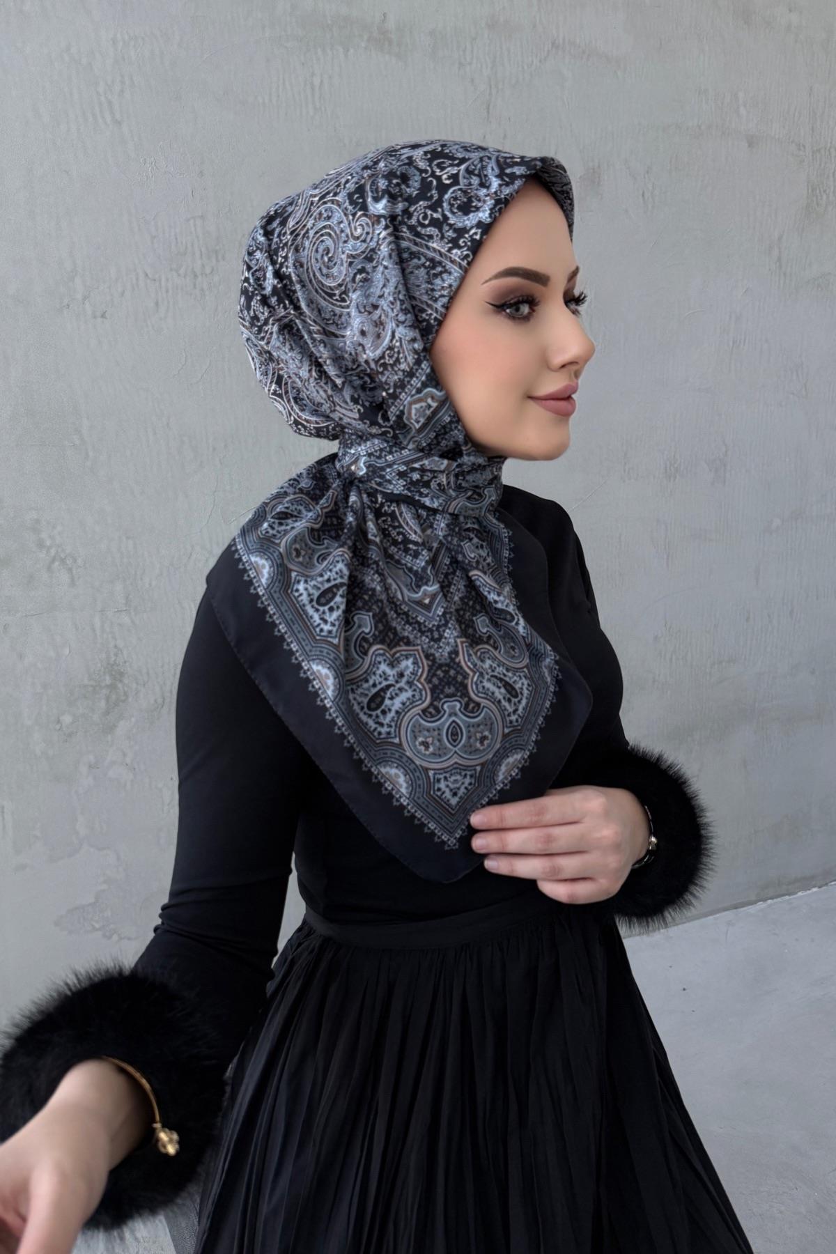 Siyah Ahu Bohem Modal İpek Eşarp