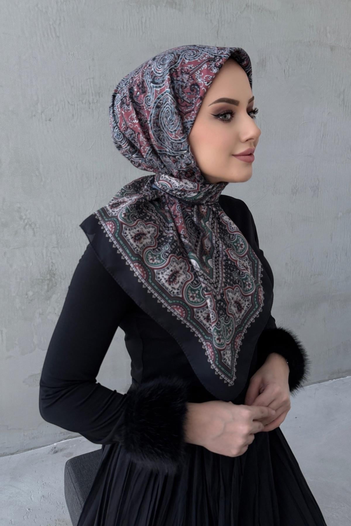Siyah&Bordo Ahu Bohem Modal İpek Eşarp