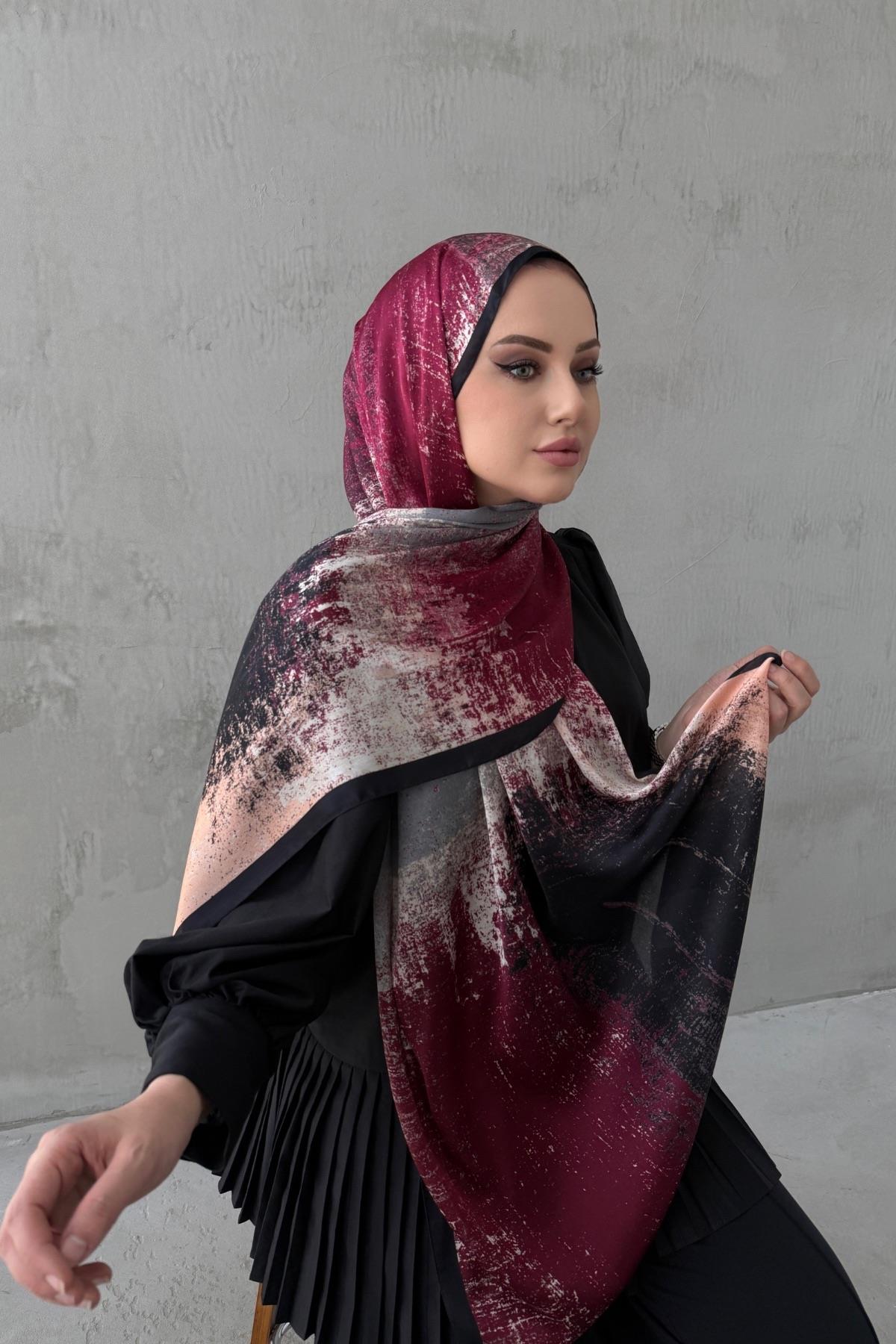 Siyah&Bordo Piraye Bohem Kumlu İpek Şal