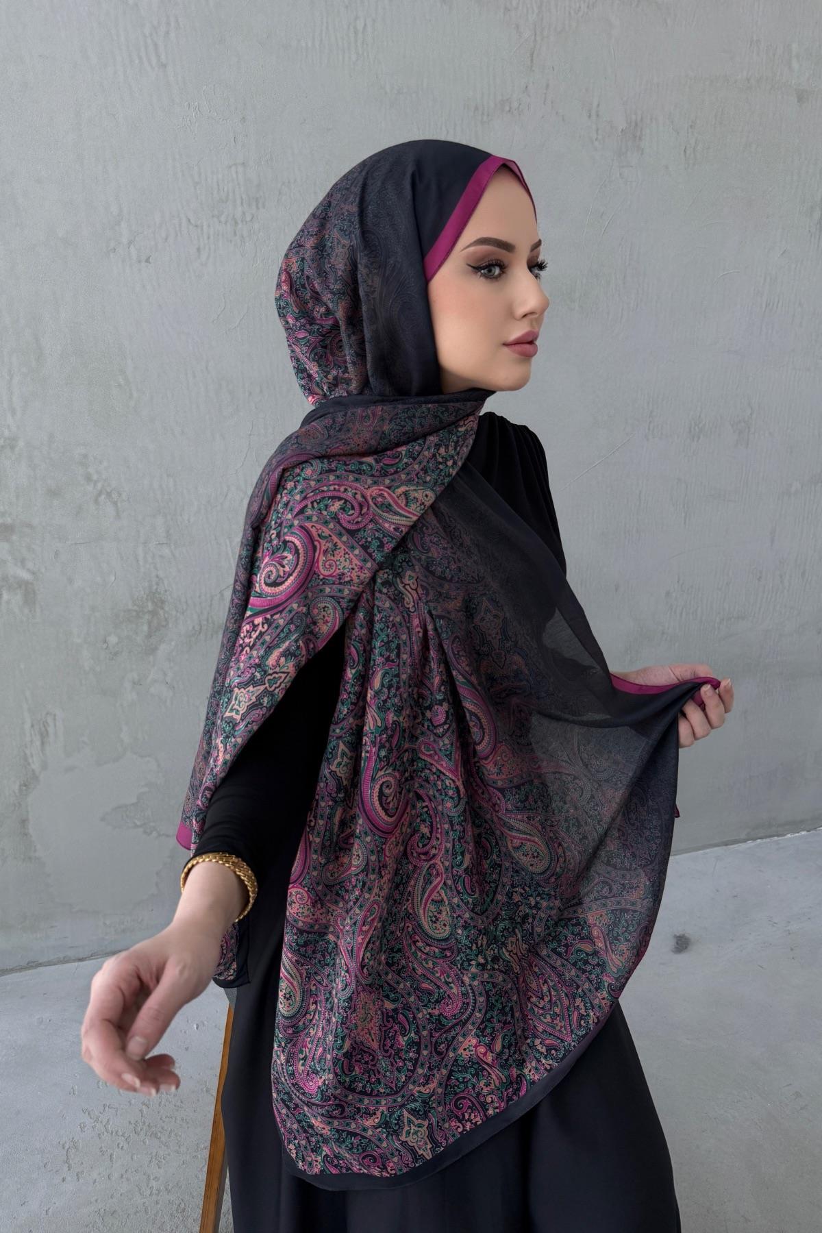 Siyah&Fuşya Hare Bohem Modal İpek Şal