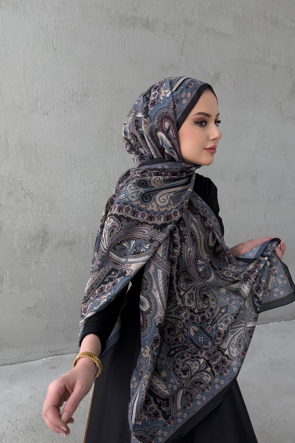 Siyah&Mavi Beren Bohem Modal İpek Şal