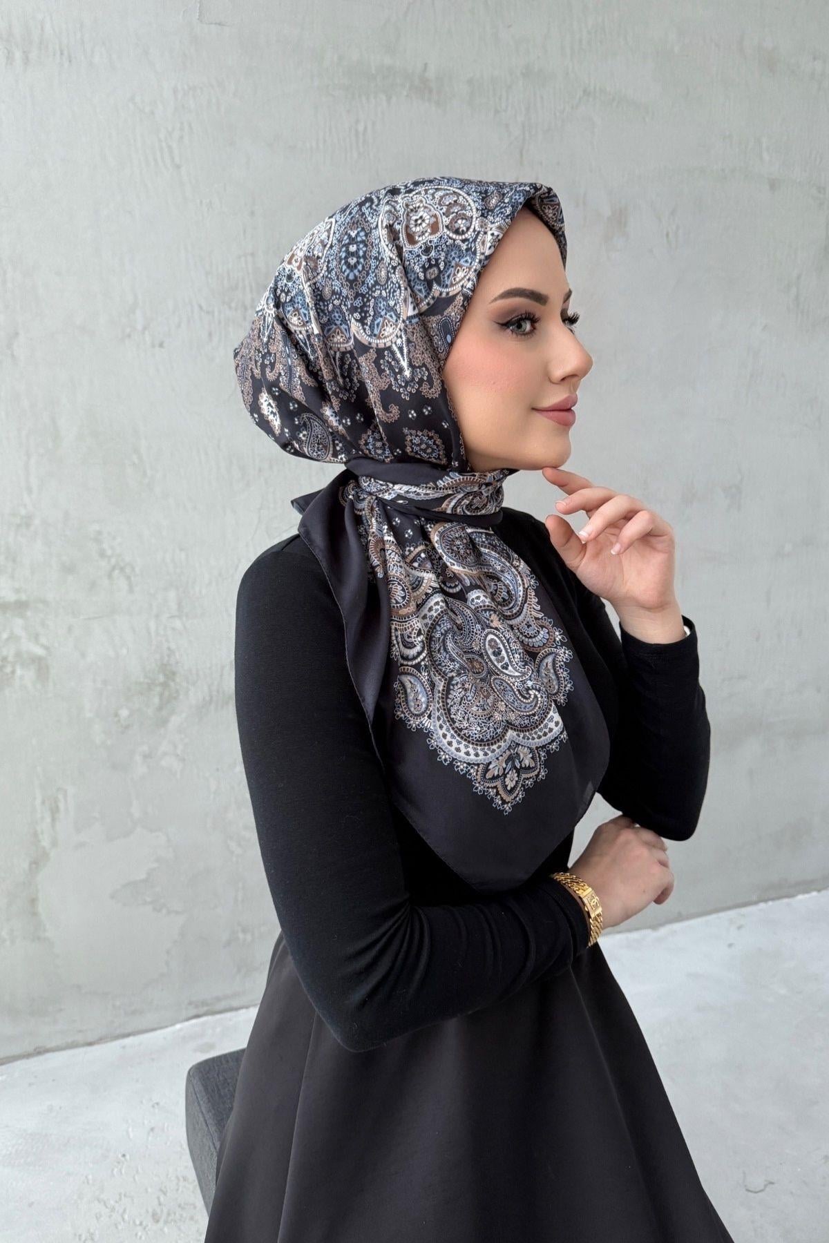 Siyah&Mavi Mira Bohem Modal İpek Eşarp
