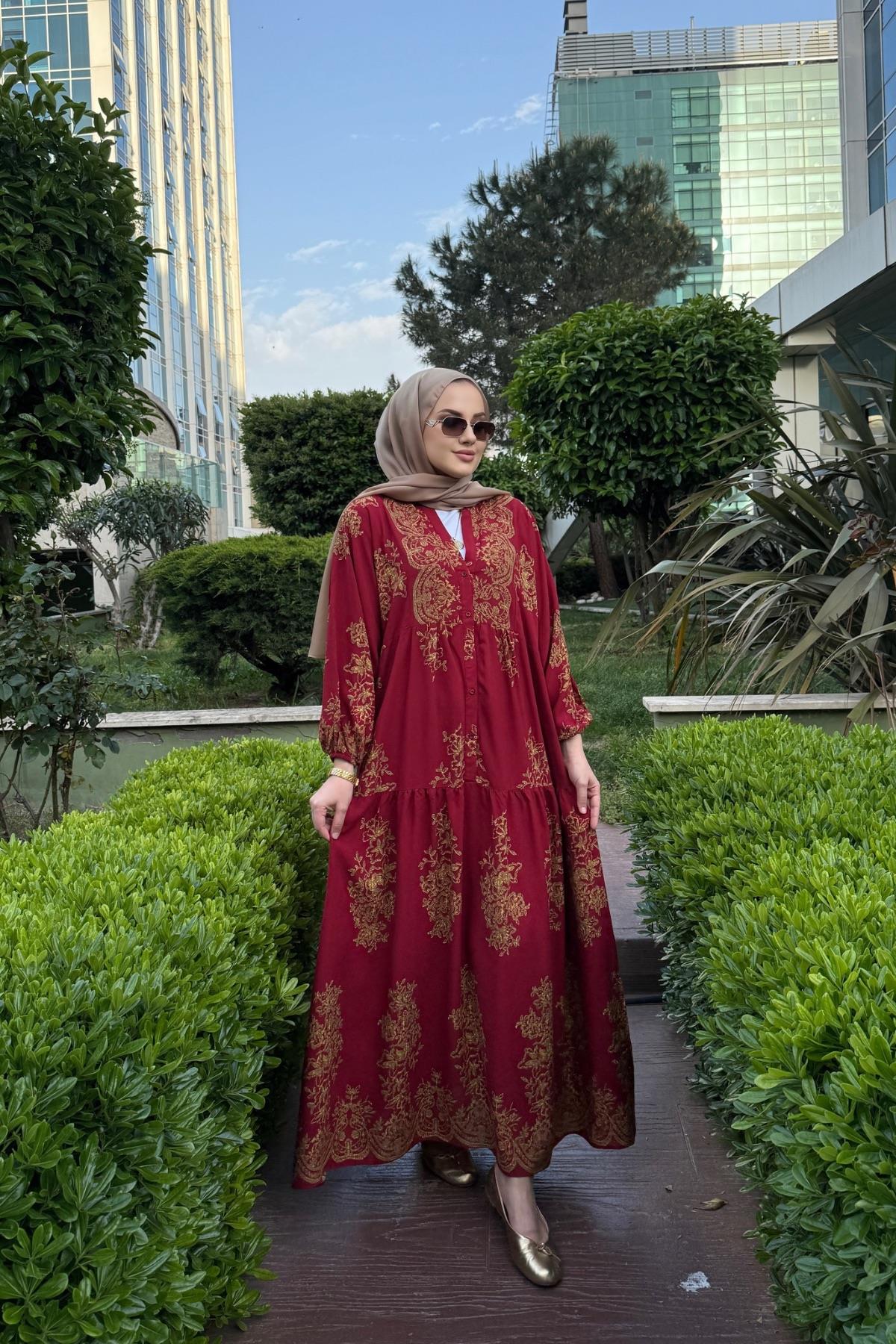 Vuslat Viskon Elbise Bordo