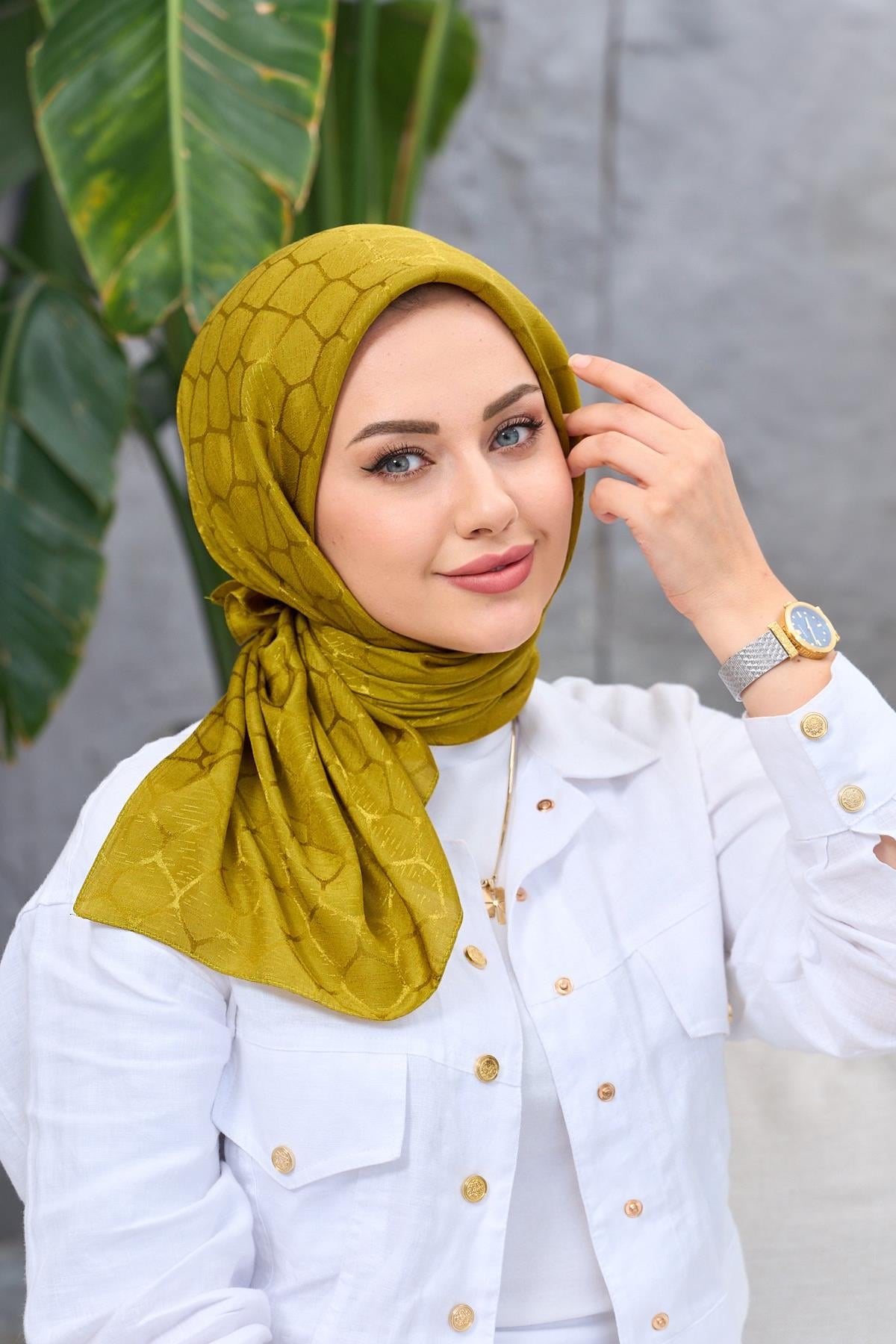 Yağ Yeşili Taş Desen İpeksi Jakar Eşarp 