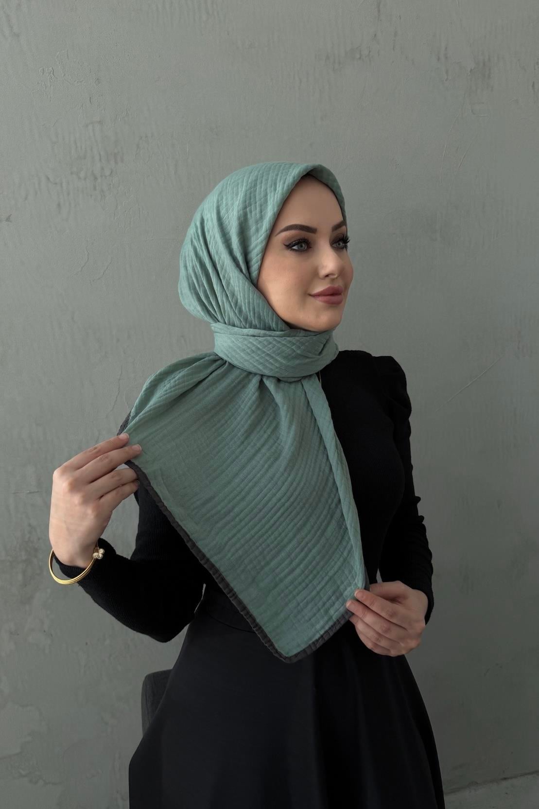 Yeşil Gri Müslin Eşarp 