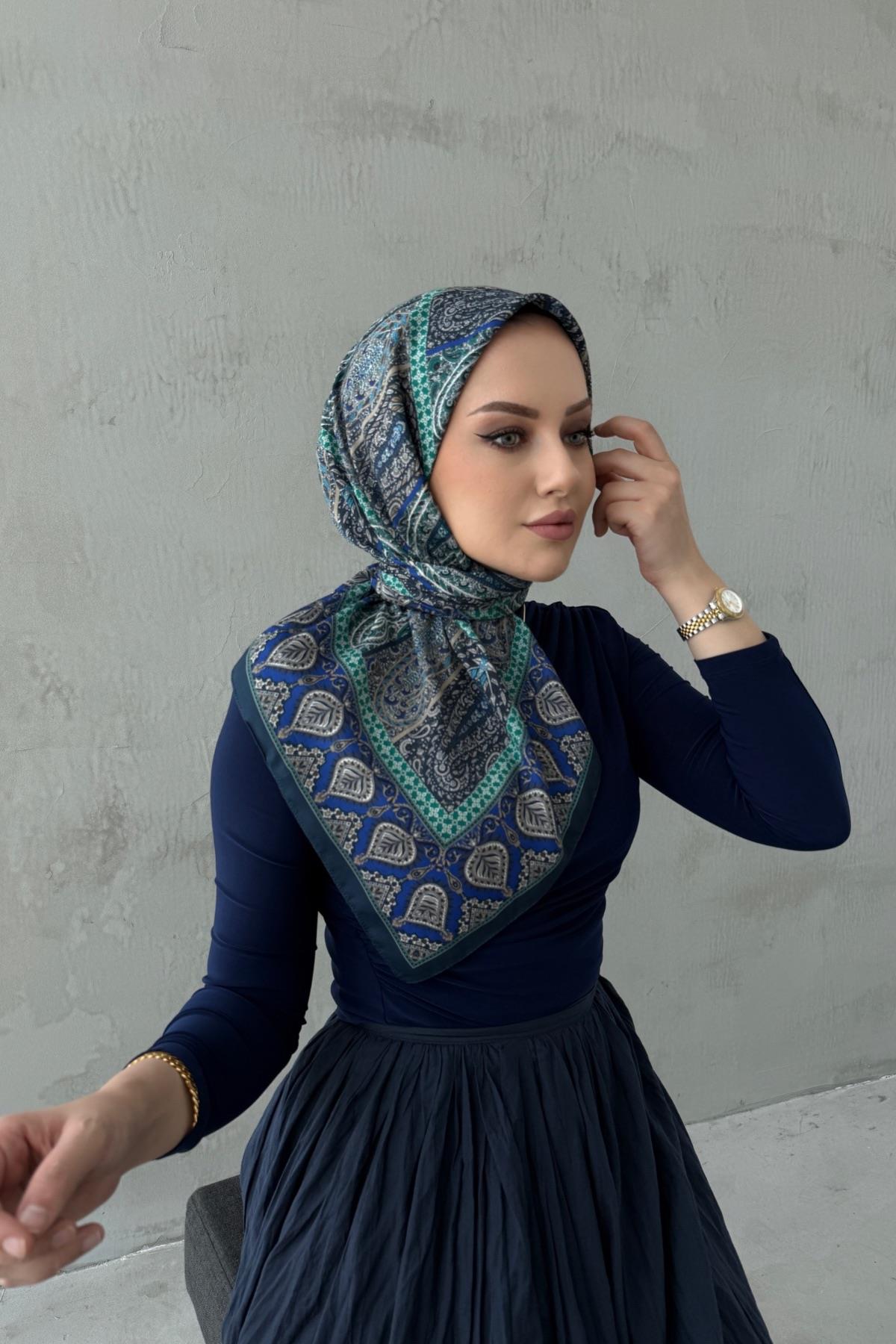 Yeşil&Lacivert Elvin Bohem Modal İpek Eşarp