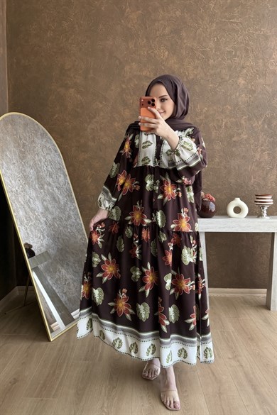 Beyza Viskon Elbise Kahverengi