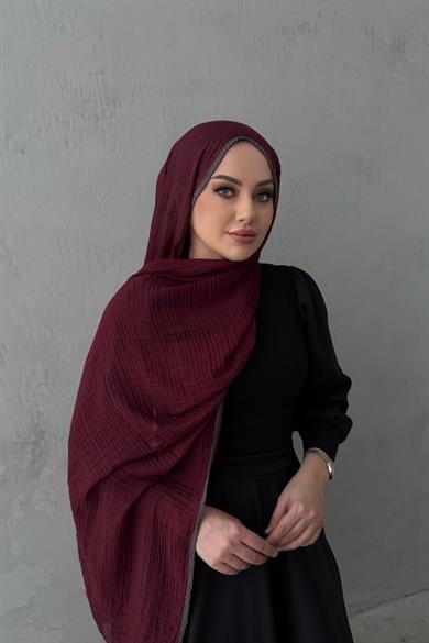Bordo Gri Müslin Biyeli Şal 