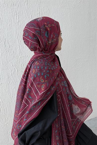 Bordo Mihrimah Bohem Modal İpek Şal