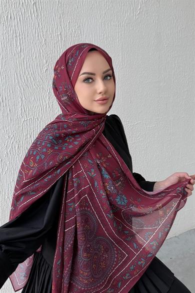 Bordo Mihrimah Bohem Modal İpek Şal