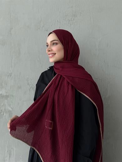 Bordo Müslin Biyeli Şal 
