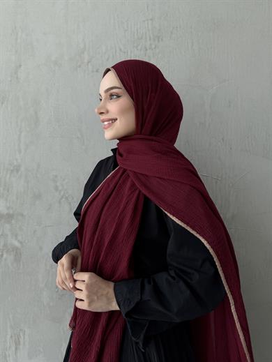 Bordo Müslin Biyeli Şal 