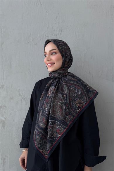 Bordo&Siyah Şehvar Bohem Modal İpek Şaleşarp