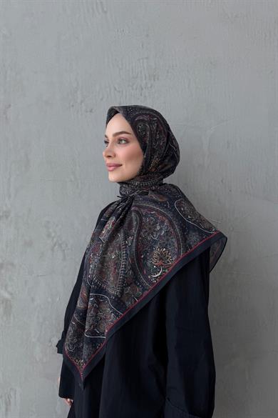 Bordo&Siyah Şehvar Bohem Modal İpek Şaleşarp