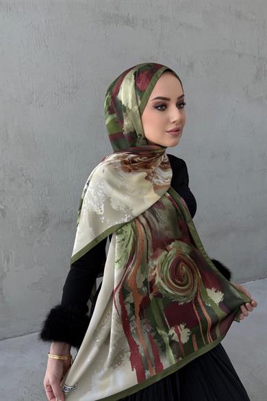Bordo&Yeşil Sahara Kumlu İpek Şal