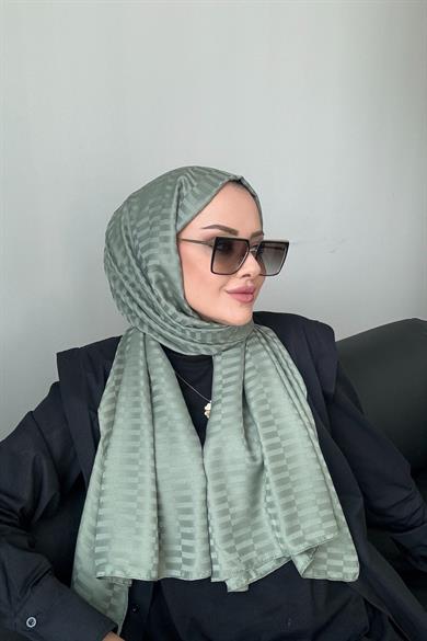 Çizgi Desen İpeksi Jakar Şal Küf Yeşili