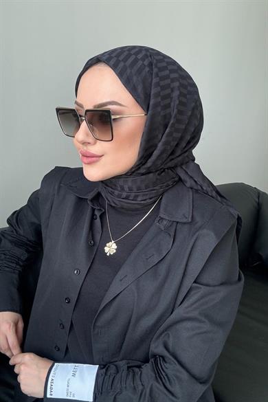 Çizgi Desen İpeksi Jakar Şal Siyah