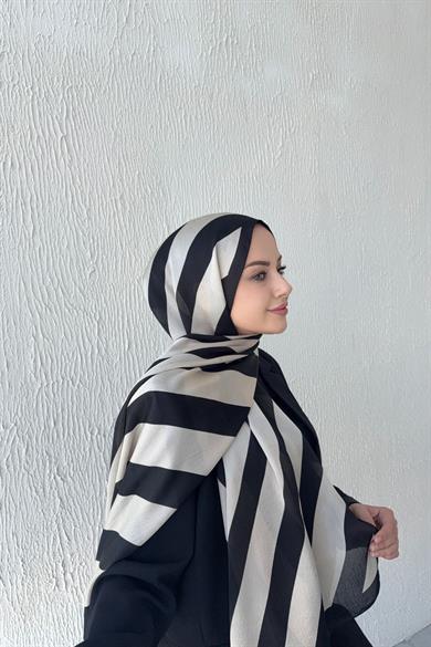 Çizgi Desen Vual İpek Şal Açık Vizon