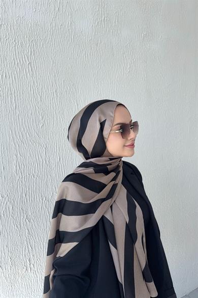 Çizgi Desen Vual İpek Şal Koyu Vizon