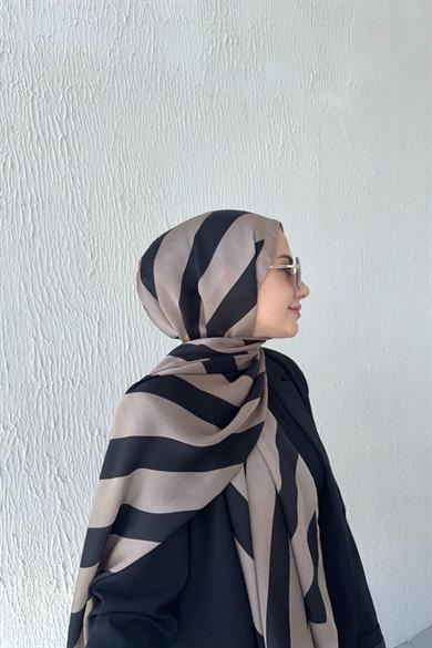 Çizgi Desen Vual İpek Şal Koyu Vizon