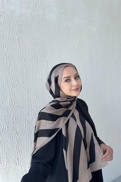 Çizgi Desen Vual İpek Şal Koyu Vizon