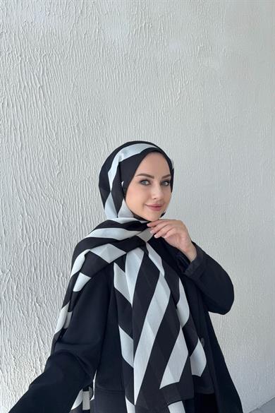 Çizgi Desen Vual İpek Şal Siyah