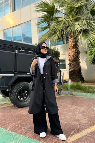 Çizgi Detay Trenç Siyah