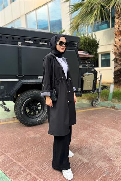 Çizgi Detay Trenç Siyah